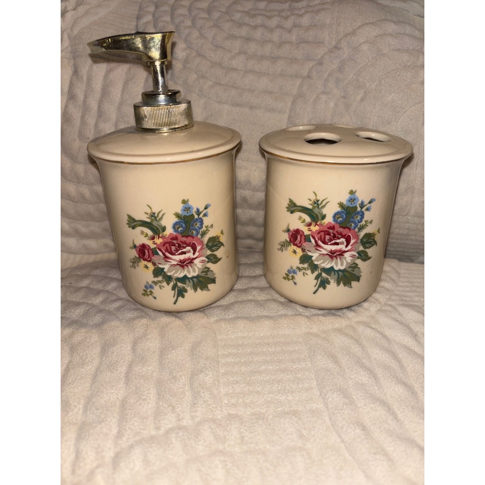 Spring Maid Lotion Dispenser and Toothbrush Holder Set Vintage Bathroom Decor